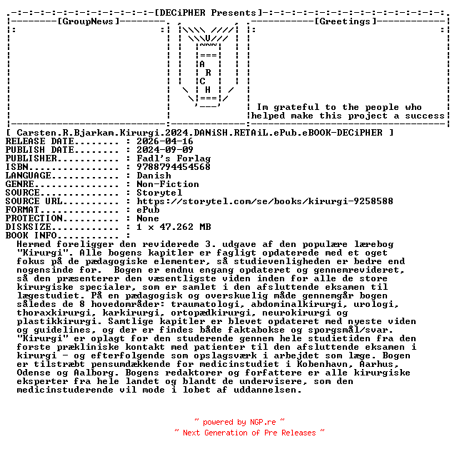 NFO for the release Carsten.R.Bjarkam.Kirurgi.2024.DANiSH.RETAiL.ePub.eBOOK-DECiPHER by DECiPHER