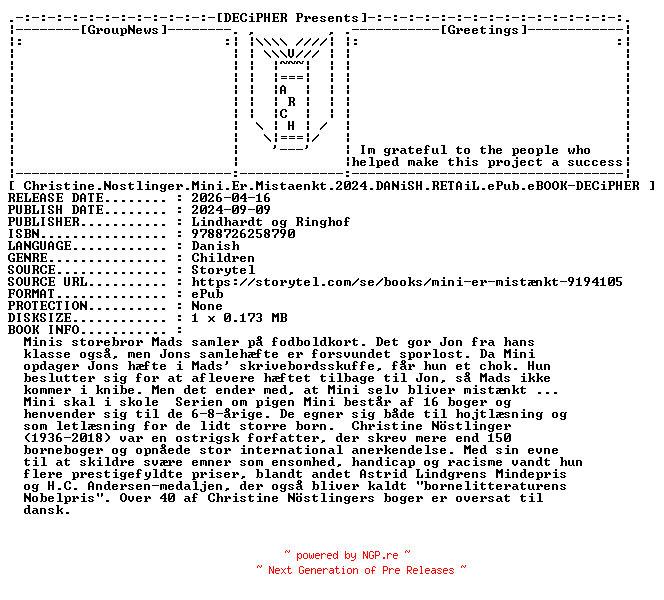 NFO for the release Christine.Nostlinger.Mini.Er.Mistaenkt.2024.DANiSH.RETAiL.ePub.eBOOK-DECiPHER by DECiPHER