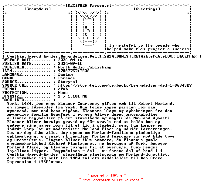 NFO for the release Cynthia.Harrod.Eagles.Begyndelsen.Del.1.2024.DANiSH.RETAiL.ePub.eBOOK-DECiPHER by DECiPHER