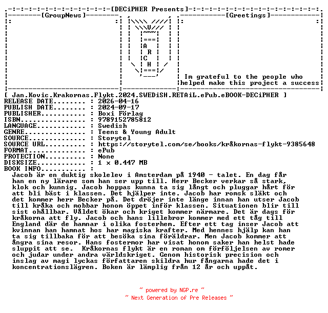 NFO for the release Jan.Kovic.Krakornas.Flykt.2024.SWEDiSH.RETAiL.ePub.eBOOK-DECiPHER by DECiPHER