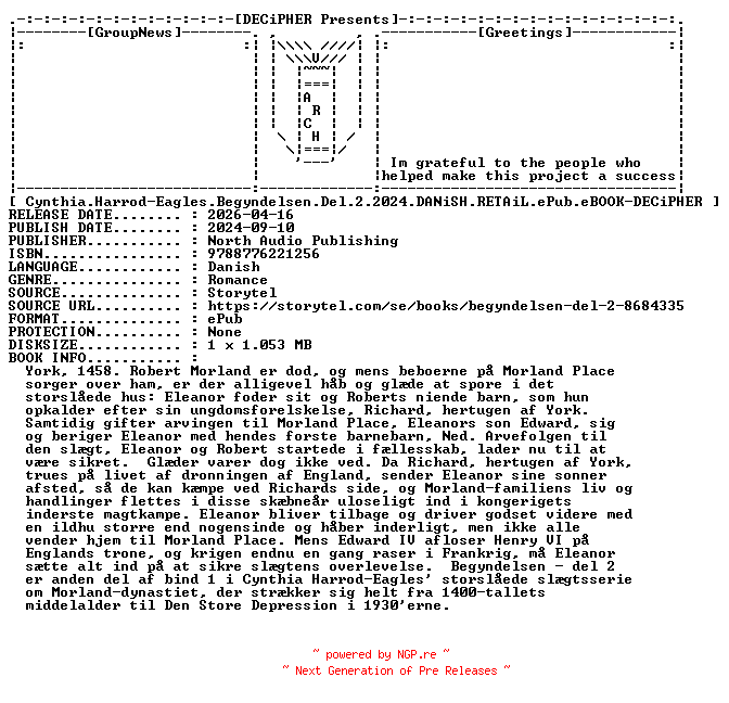 NFO for the release Cynthia.Harrod.Eagles.Begyndelsen.Del.2.2024.DANiSH.RETAiL.ePub.eBOOK-DECiPHER by DECiPHER