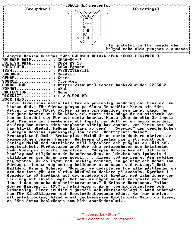 NFO for the release Jorgen.Hansen.Overdos.2024.SWEDiSH.RETAiL.ePub.eBOOK-DECiPHER by DECiPHER