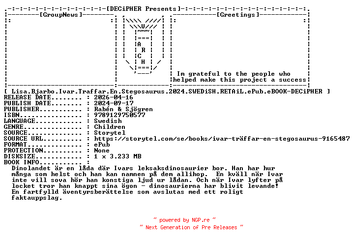 NFO for the release Lisa.Bjarbo.Ivar.Traffar.En.Stegosaurus.2024.SWEDiSH.RETAiL.ePub.eBOOK-DECiPHER by DECiPHER