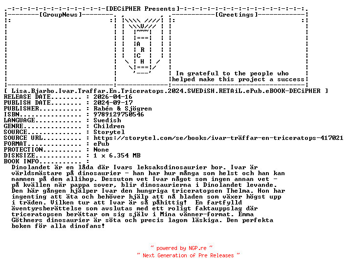 NFO for the release Lisa.Bjarbo.Ivar.Traffar.En.Triceratops.2024.SWEDiSH.RETAiL.ePub.eBOOK-DECiPHER by DECiPHER