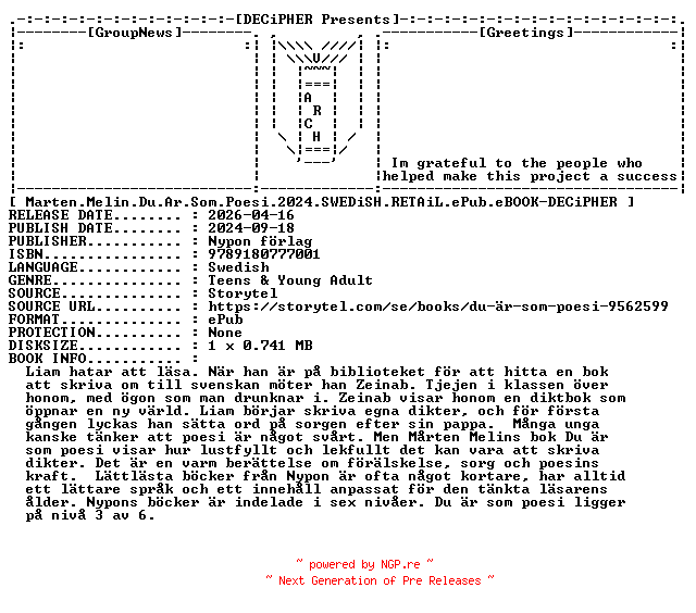 NFO for the release Marten.Melin.Du.Ar.Som.Poesi.2024.SWEDiSH.RETAiL.ePub.eBOOK-DECiPHER by DECiPHER