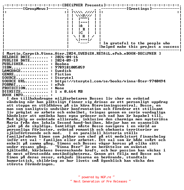 NFO for the release Martin.Carpvik.Vinna.Ater.2024.SWEDiSH.RETAiL.ePub.eBOOK-DECiPHER by DECiPHER