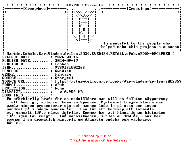 NFO for the release Martin.Scholz.Dar.Vinden.Ar.Len.2024.SWEDiSH.RETAiL.ePub.eBOOK-DECiPHER by DECiPHER