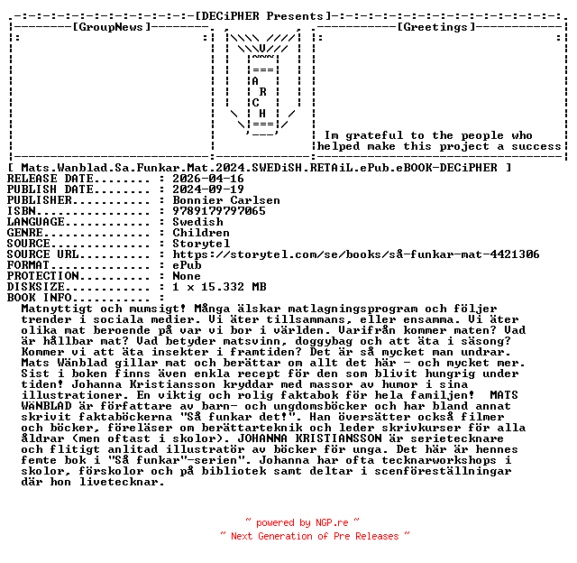NFO for the release Mats.Wanblad.Sa.Funkar.Mat.2024.SWEDiSH.RETAiL.ePub.eBOOK-DECiPHER by DECiPHER