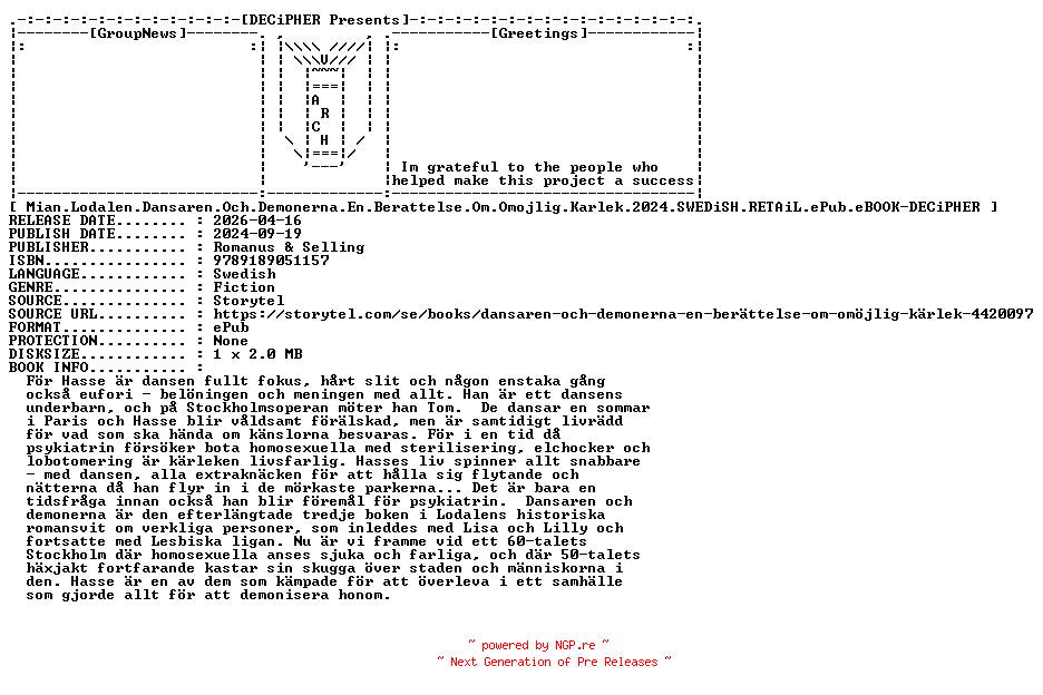 NFO for the release Mian.Lodalen.Dansaren.Och.Demonerna.En.Berattelse.Om.Omojlig.Karlek.2024.SWEDiSH.RETAiL.ePub.eBOOK-DECiPHER by DECiPHER