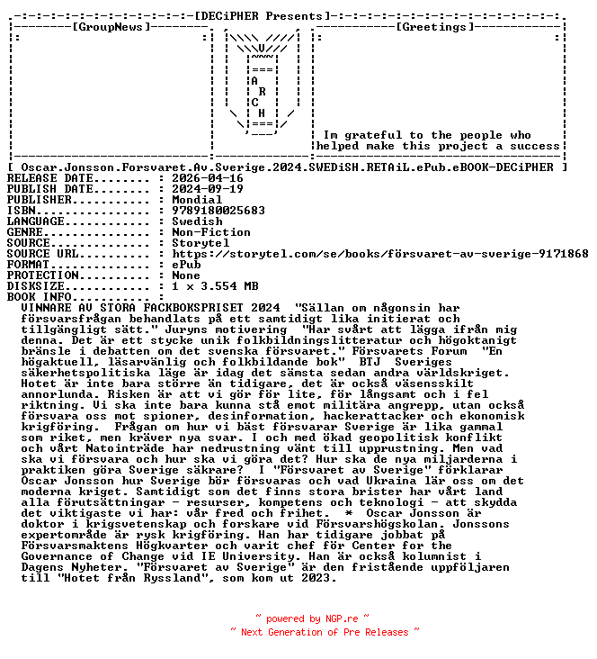 NFO for the release Oscar.Jonsson.Forsvaret.Av.Sverige.2024.SWEDiSH.RETAiL.ePub.eBOOK-DECiPHER by DECiPHER