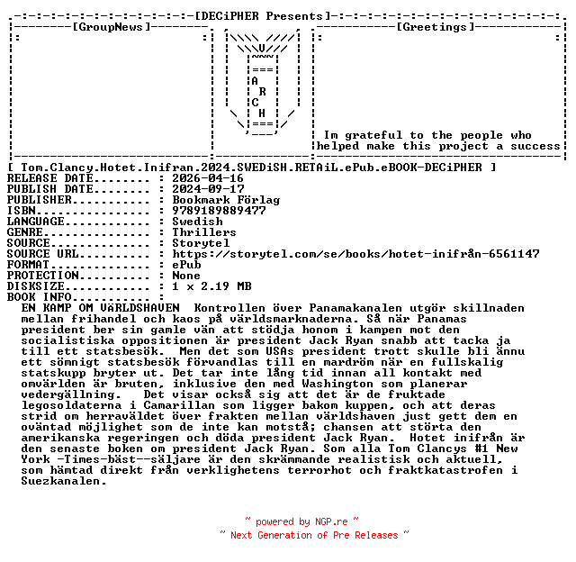 NFO for the release Tom.Clancy.Hotet.Inifran.2024.SWEDiSH.RETAiL.ePub.eBOOK-DECiPHER by DECiPHER