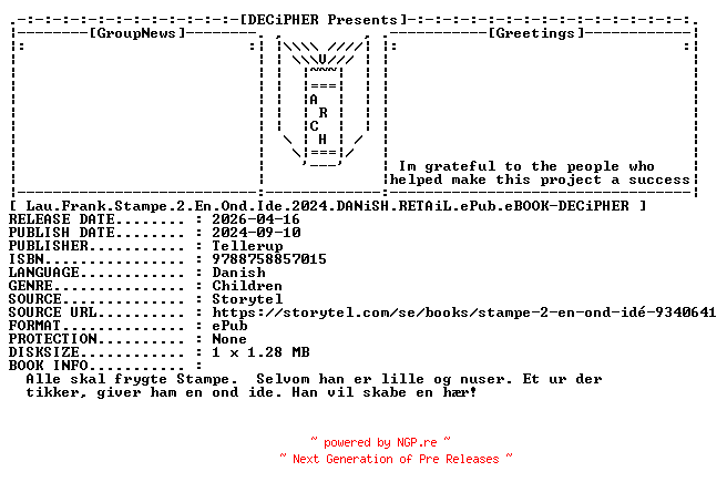 NFO for the release Lau.Frank.Stampe.2.En.Ond.Ide.2024.DANiSH.RETAiL.ePub.eBOOK-DECiPHER by DECiPHER