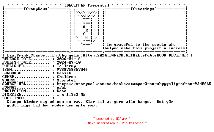 NFO for the release Lau.Frank.Stampe.3.En.Uhyggelig.Aften.2024.DANiSH.RETAiL.ePub.eBOOK-DECiPHER by DECiPHER