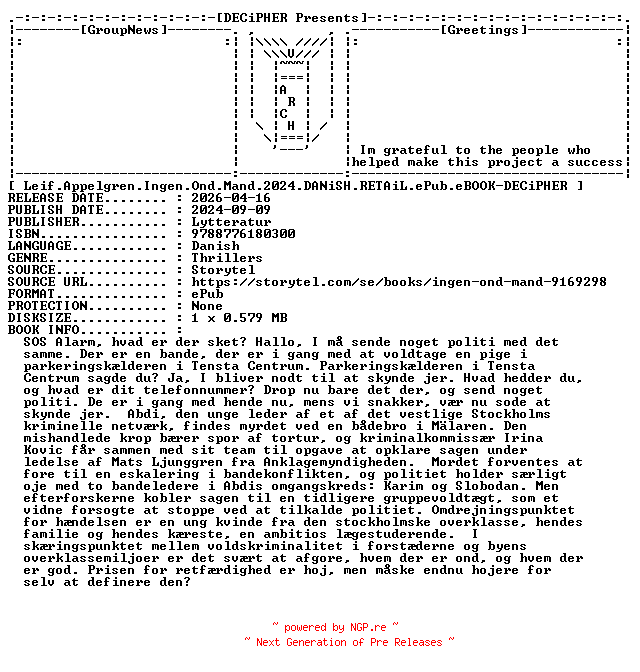 NFO for the release Leif.Appelgren.Ingen.Ond.Mand.2024.DANiSH.RETAiL.ePub.eBOOK-DECiPHER by DECiPHER