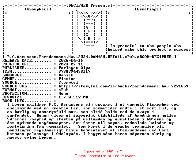 NFO for the release P.C.Asmussen.Barndommens.Hav.2024.DANiSH.RETAiL.ePub.eBOOK-DECiPHER by DECiPHER