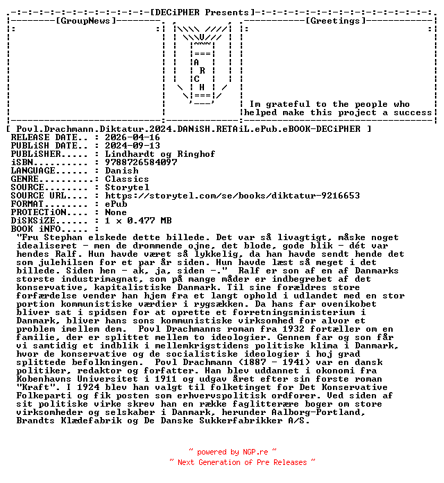NFO for the release Povl.Drachmann.Diktatur.2024.DANiSH.RETAiL.ePub.eBOOK-DECiPHER by DECiPHER