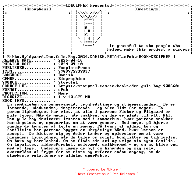 NFO for the release Rikke.Hyldgaard.Den.Gule.Bog.2024.DANiSH.RETAiL.ePub.eBOOK-DECiPHER by DECiPHER