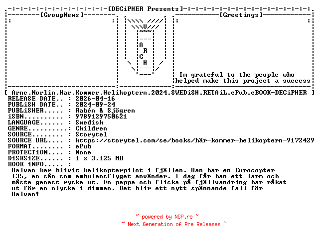 NFO for the release Arne.Norlin.Har.Kommer.Helikoptern.2024.SWEDiSH.RETAiL.ePub.eBOOK-DECiPHER by DECiPHER
