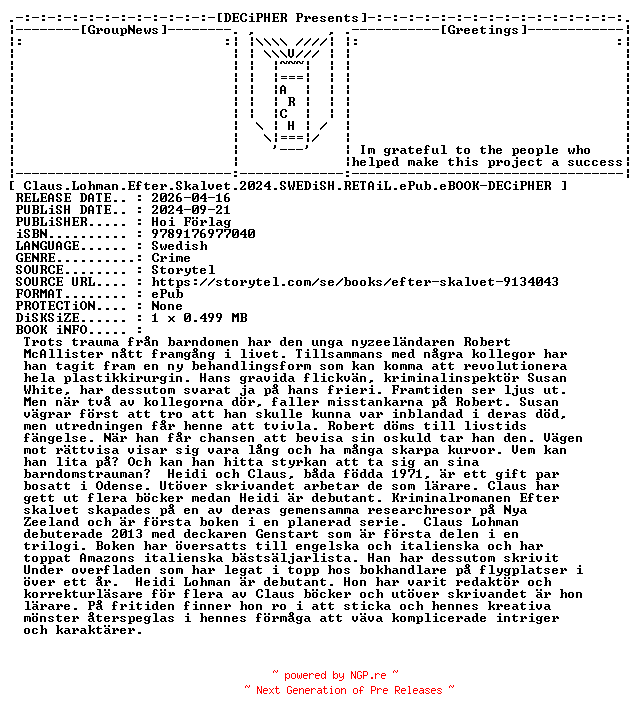 NFO for the release Claus.Lohman.Efter.Skalvet.2024.SWEDiSH.RETAiL.ePub.eBOOK-DECiPHER by DECiPHER