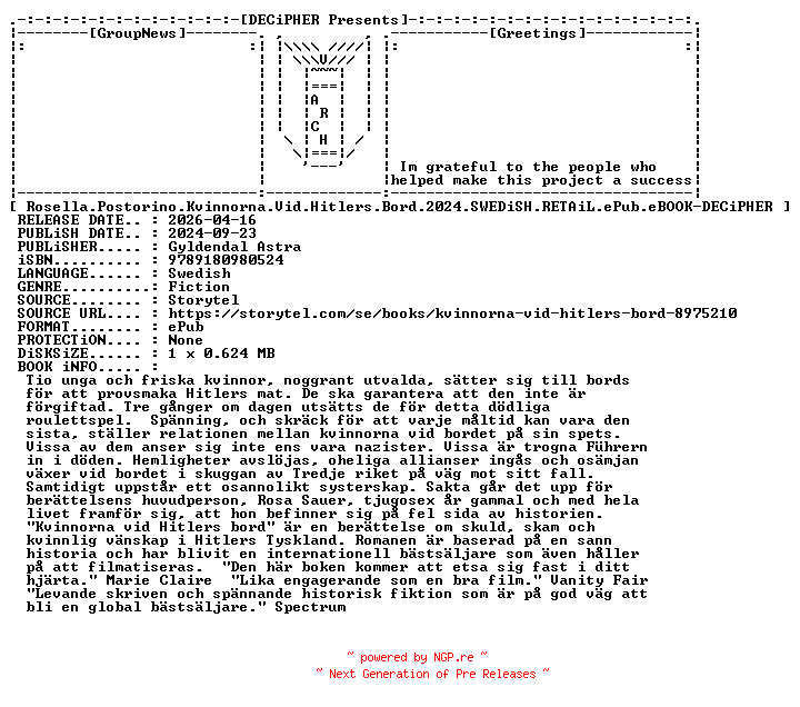 NFO for the release Rosella.Postorino.Kvinnorna.Vid.Hitlers.Bord.2024.SWEDiSH.RETAiL.ePub.eBOOK-DECiPHER by DECiPHER