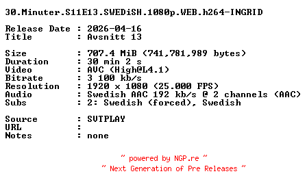 NFO for the release 30.Minuter.S11E13.SWEDiSH.1080p.WEB.h264-INGRID by INGRID