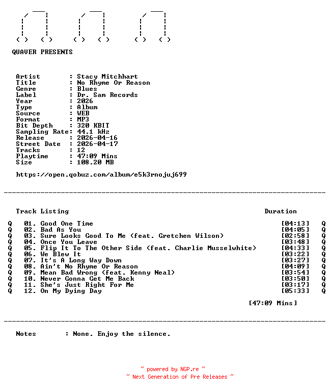 NFO for the release Stacy_Mitchhart-No_Rhyme_Or_Reason-WEB-2026-QUAVER by QUAVER