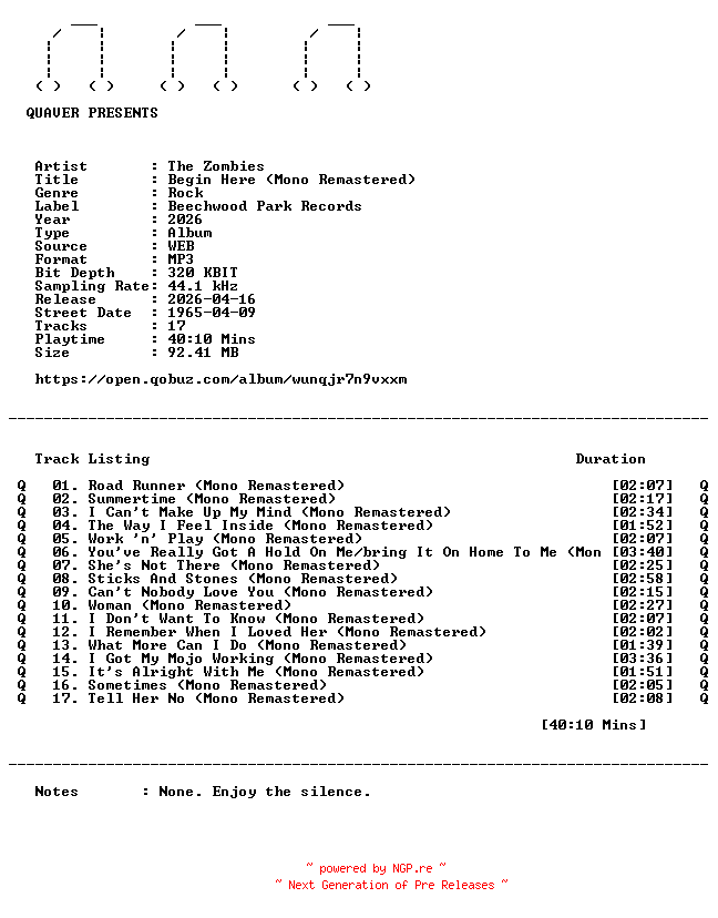 NFO for the release The_Zombies-Begin_Here_(Mono_Remastered)-WEB-2026-QUAVER by QUAVER