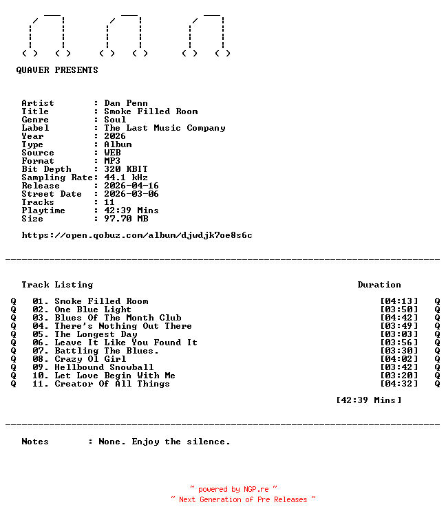 NFO for the release Dan_Penn-Smoke_Filled_Room-WEB-2026-QUAVER by QUAVER