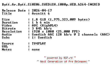 NFO for the release Bytt.Ar.Bytt.S10E06.SWEDiSH.1080p.WEB.h264-INGRID by INGRID