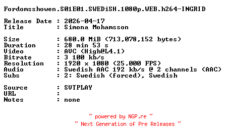 NFO for the release Fordomsshowen.S01E01.SWEDiSH.1080p.WEB.h264-INGRID by INGRID