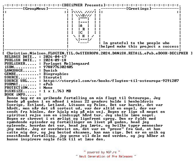 NFO for the release Christian.Nielsen.Flugten.Til.Oesteuropa.2024.DANiSH.RETAiL.ePub.eBOOK-DECiPHER by DECiPHER