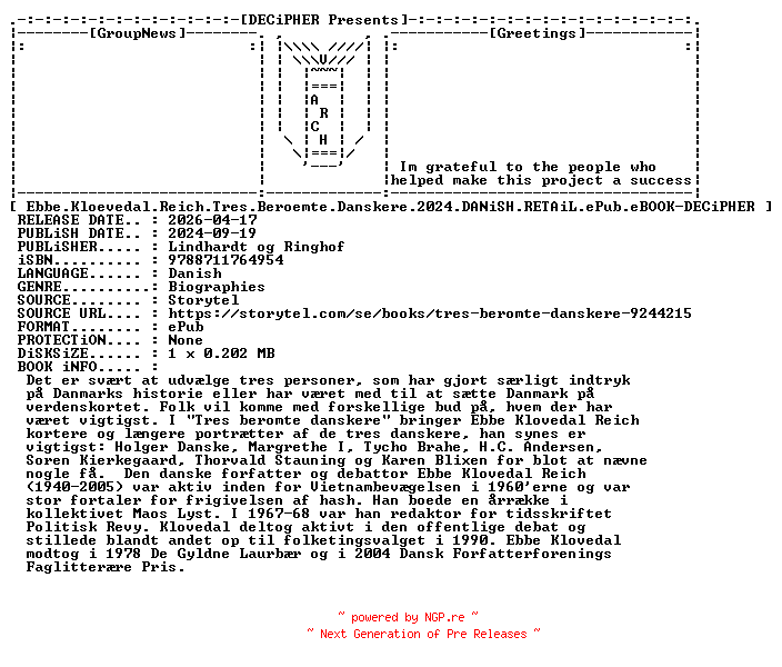NFO for the release Ebbe.Kloevedal.Reich.Tres.Beroemte.Danskere.2024.DANiSH.RETAiL.ePub.eBOOK-DECiPHER by DECiPHER