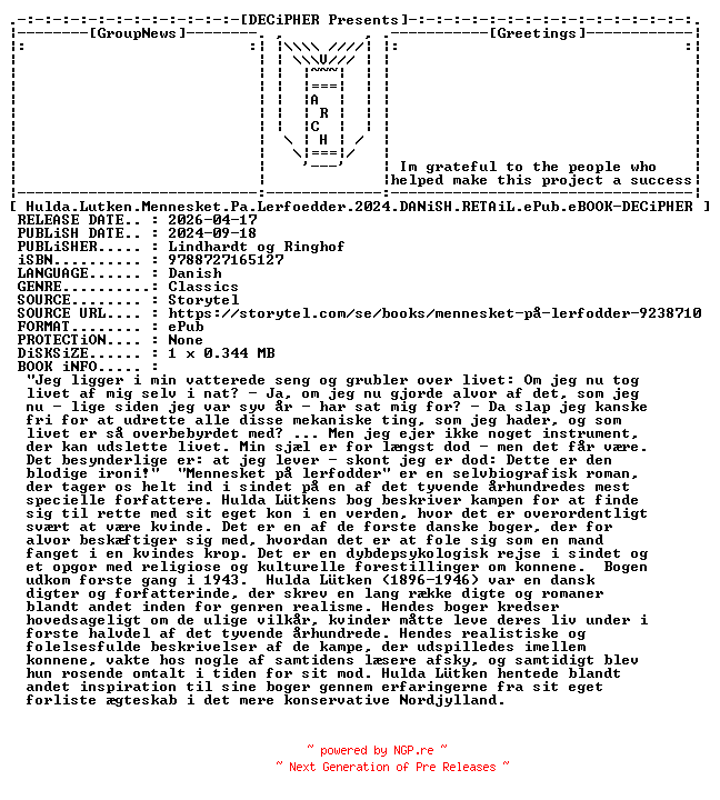 NFO for the release Hulda.Lutken.Mennesket.Pa.Lerfoedder.2024.DANiSH.RETAiL.ePub.eBOOK-DECiPHER by DECiPHER