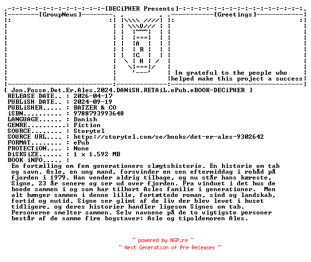 NFO for the release Jon.Fosse.Det.Er.Ales.2024.DANiSH.RETAiL.ePub.eBOOK-DECiPHER by DECiPHER
