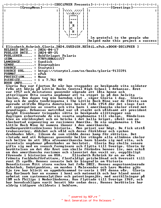 NFO for the release Elisabeth.Asbrink.Gloria.2024.SWEDiSH.RETAiL.ePub.eBOOK-DECiPHER by DECiPHER