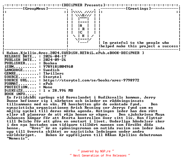 NFO for the release Hakan.Kjellin.Ares.2024.SWEDiSH.RETAiL.ePub.eBOOK-DECiPHER by DECiPHER