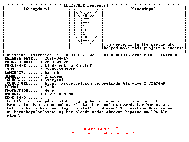 NFO for the release Kristina.Kristensen.De.Bla.Ulve.2.2024.DANiSH.RETAiL.ePub.eBOOK-DECiPHER by DECiPHER