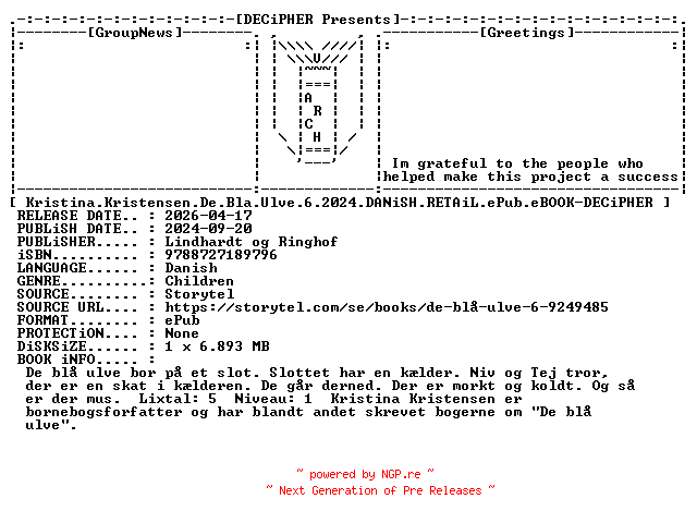 NFO for the release Kristina.Kristensen.De.Bla.Ulve.6.2024.DANiSH.RETAiL.ePub.eBOOK-DECiPHER by DECiPHER