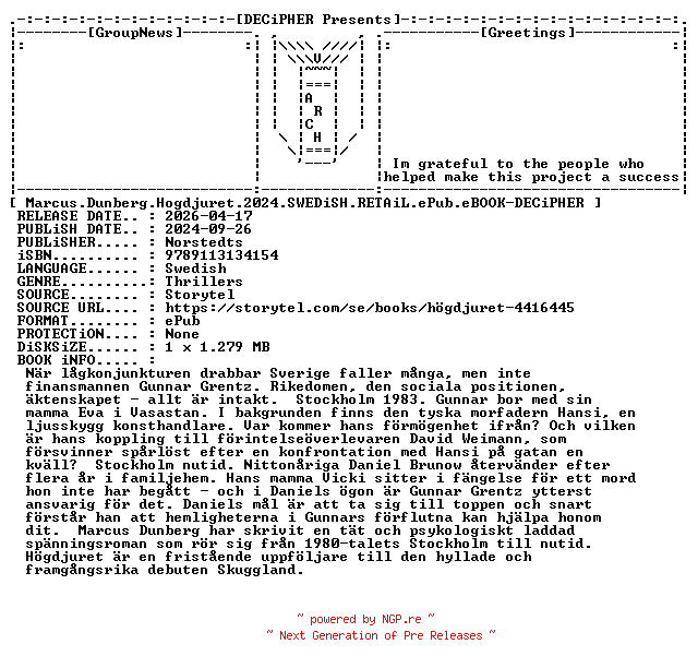 NFO for the release Marcus.Dunberg.Hogdjuret.2024.SWEDiSH.RETAiL.ePub.eBOOK-DECiPHER by DECiPHER