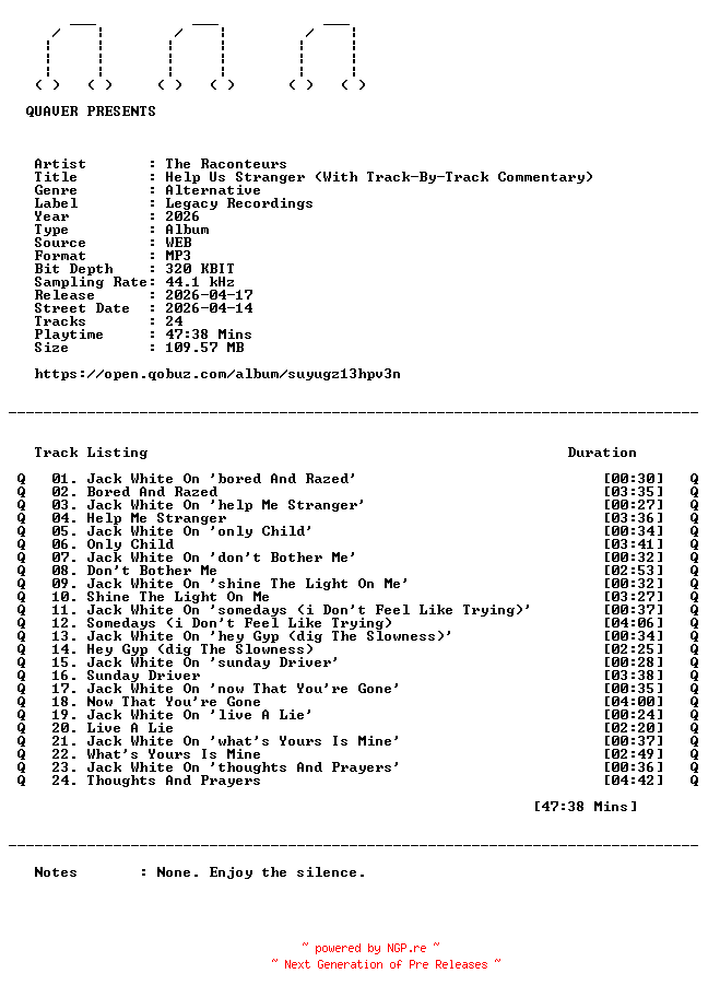 NFO for the release The_Raconteurs-Help_Us_Stranger_(With_Track-By-Track_Commentary)-WEB-2026-QUAVER by QUAVER