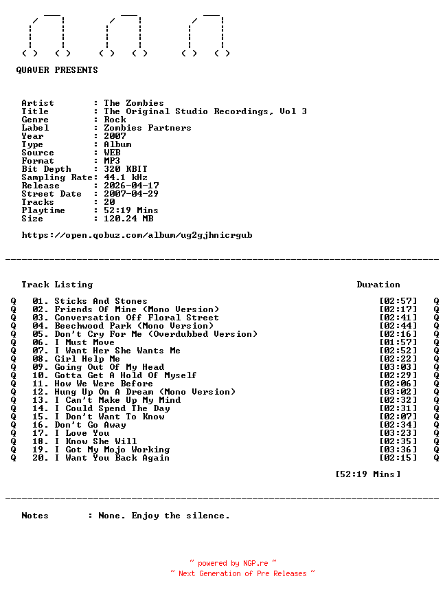 NFO for the release The_Zombies-The_Original_Studio_Recordings_Vol_3-WEB-2007-QUAVER by QUAVER