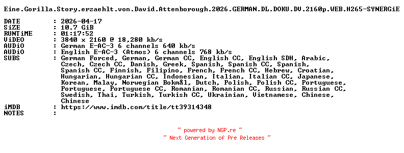 NFO for the release Eine.Gorilla.Story.erzaehlt.von.David.Attenborough.2026.GERMAN.DL.DOKU.DV.2160p.WEB.H265-SYNERGiE by SYNERGiE