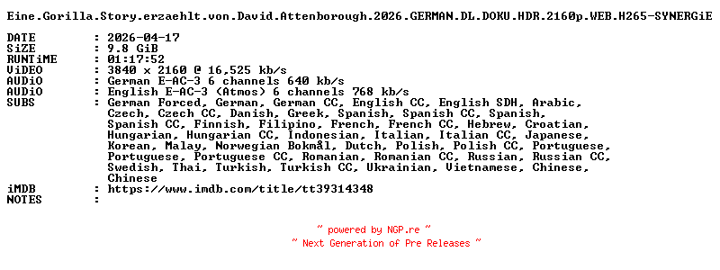NFO for the release Eine.Gorilla.Story.erzaehlt.von.David.Attenborough.2026.GERMAN.DL.DOKU.HDR.2160p.WEB.H265-SYNERGiE by SYNERGiE