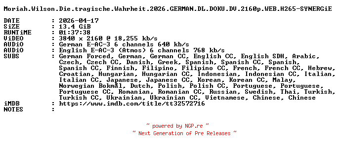 NFO for the release Moriah.Wilson.Die.tragische.Wahrheit.2026.GERMAN.DL.DOKU.DV.2160p.WEB.H265-SYNERGiE by SYNERGiE