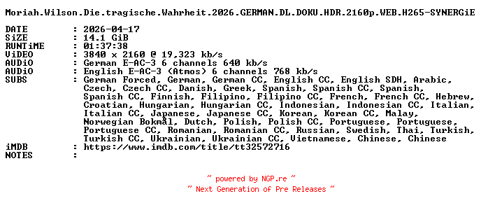 NFO for the release Moriah.Wilson.Die.tragische.Wahrheit.2026.GERMAN.DL.DOKU.HDR.2160p.WEB.H265-SYNERGiE by SYNERGiE