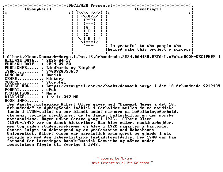 NFO for the release Albert.Olsen.Danmark.Norge.I.Det.18.Arhundrede.2024.DANiSH.RETAiL.ePub.eBOOK-DECiPHER by DECiPHER