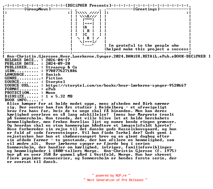 NFO for the release Ann.Christin.Gjersoee.Hvor.Laerkerne.Synger.2024.DANiSH.RETAiL.ePub.eBOOK-DECiPHER by DECiPHER