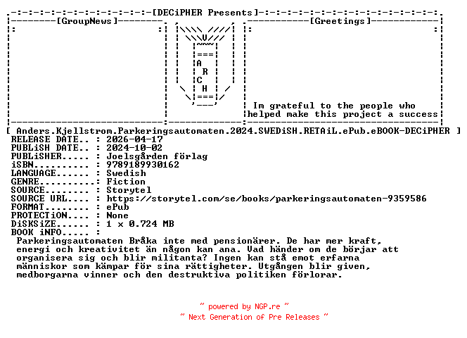 NFO for the release Anders.Kjellstrom.Parkeringsautomaten.2024.SWEDiSH.RETAiL.ePub.eBOOK-DECiPHER by DECiPHER