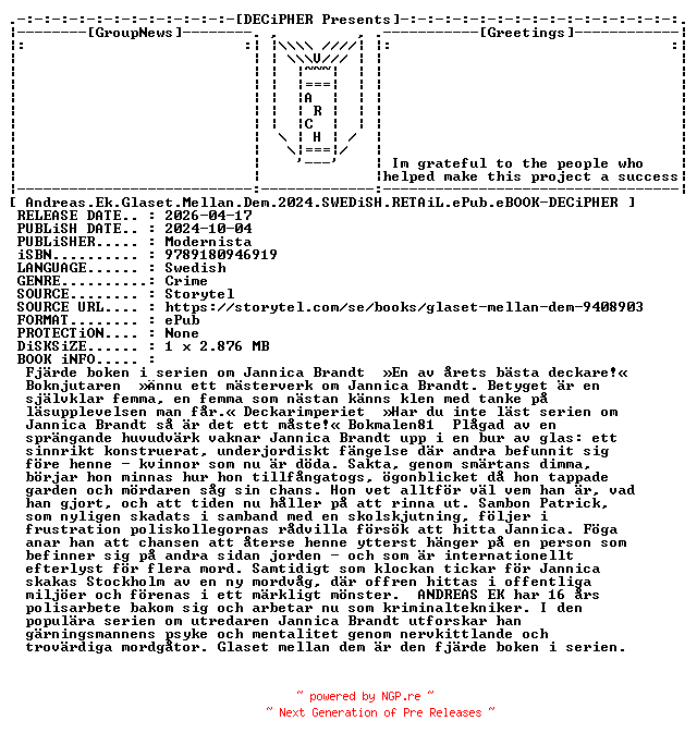 NFO for the release Andreas.Ek.Glaset.Mellan.Dem.2024.SWEDiSH.RETAiL.ePub.eBOOK-DECiPHER by DECiPHER