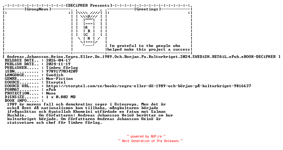NFO for the release Andreas.Johansson.Heino.Segra.Eller.Do.1989.Och.Borjan.Pa.Kulturkriget.2024.SWEDiSH.RETAiL.ePub.eBOOK-DECiPHER by DECiPHER